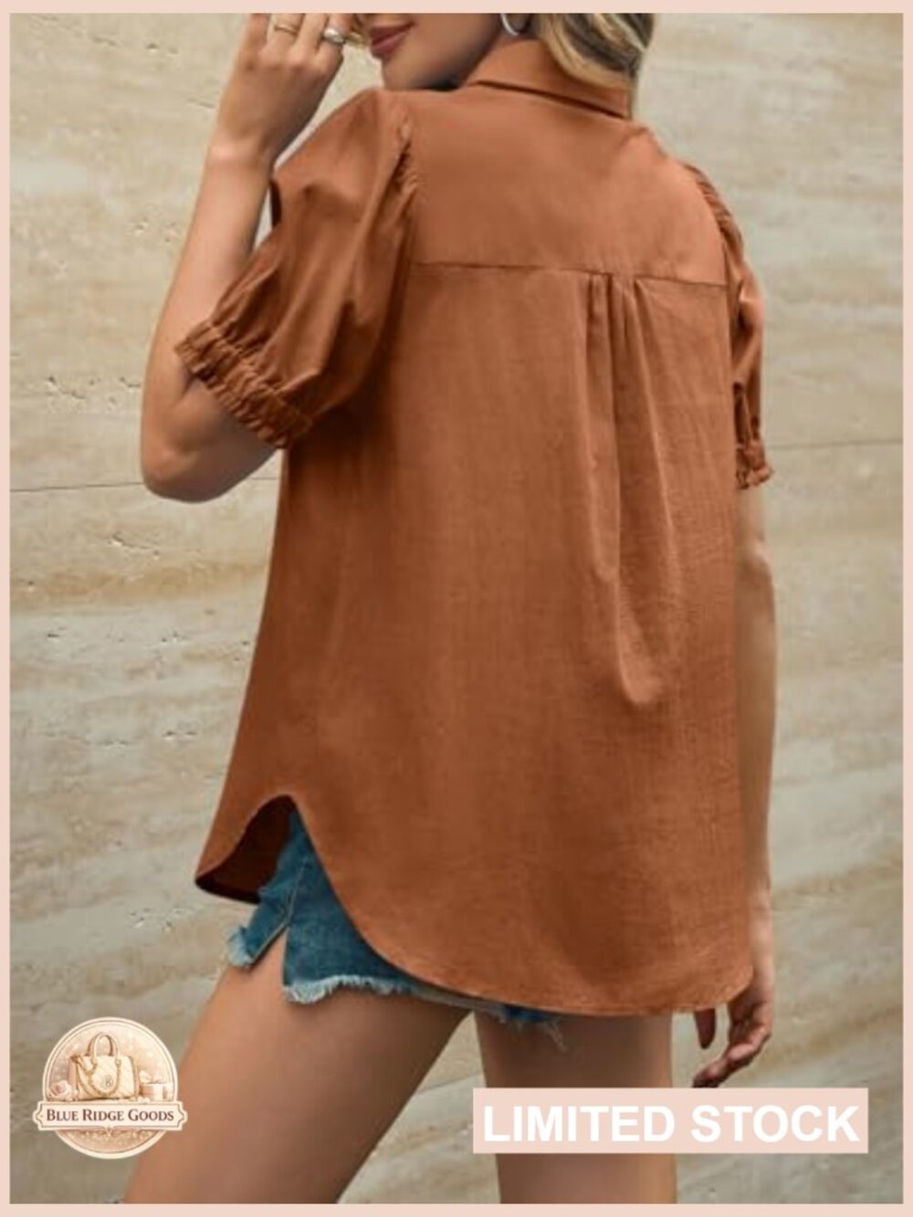 Puff Short Sleeve Button Down Shirt Casual Collared V Neck Linen Loose Fit - Picture 3 of 7